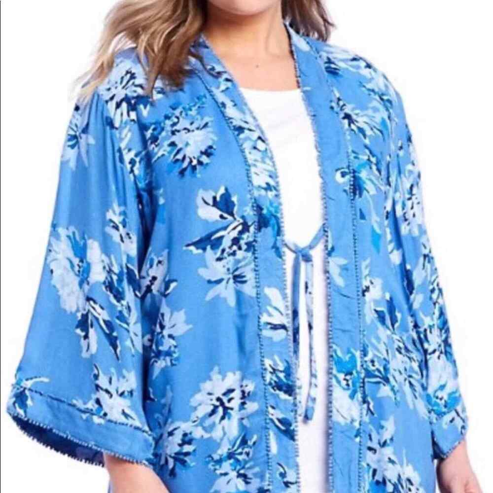 Allison Daley indigo Blue orchid floral‎ tie front kimono jacket Plus Size OS